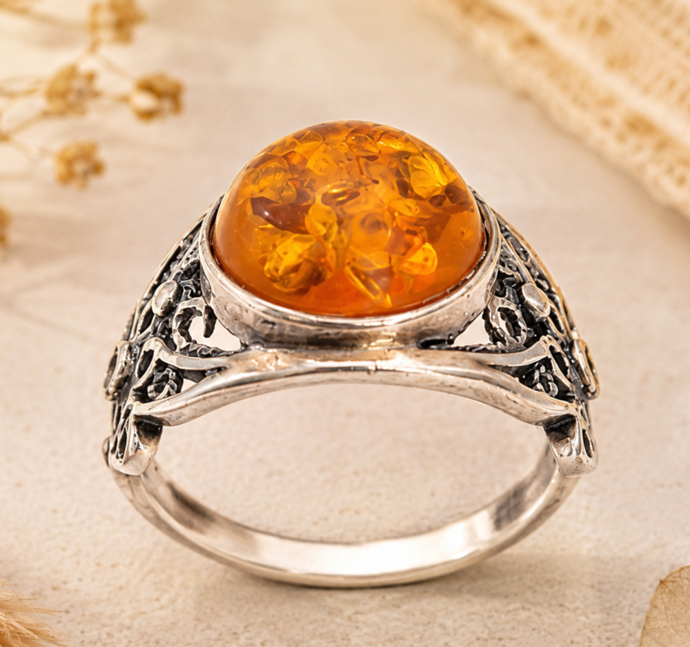 Sterling Silver Amber Cabochon Ring Ornate Floral Filigree Boho Autumn Size 9